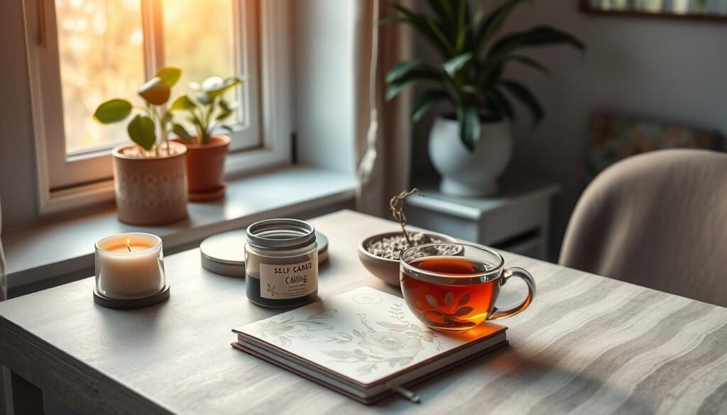 A cozy home office with a large window, natural light filtering in and casting a warm glow. On the desk, an assortment of self-care tools - a scented candle, a small zen garden, a journal with a calming floral design, and a cup of soothing herbal tea. The room has a sense of tranquility, with soft textures and muted colors creating a serene atmosphere. A potted plant sits on the windowsill, adding a touch of natural greenery. The overall scene conveys a feeling of mindfulness and stress reduction, inviting the viewer to pause and find inner calm. A cozy home office with a large window, natural light filtering in and casting a warm glow. On the desk, an assortment of self-care tools - a scented candle, a small zen garden, a journal with a calming floral design, and a cup of soothing herbal tea. The room has a sense of tranquility, with soft textures and muted colors creating a serene atmosphere. A potted plant sits on the windowsill, adding a touch of natural greenery. The overall scene conveys a feeling of mindfulness and stress reduction, inviting the viewer to pause and find inner calm.
