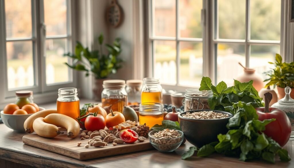 A cozy kitchen scene with an abundance of healthy ingredients for a sleep-promoting diet. In the foreground, a cutting board with fresh fruits, vegetables, and nuts. In the middle, jars of honey, herbal teas, and a bowl of oats. The background features a large window overlooking a tranquil garden, bathed in soft, warm lighting. The overall mood is one of serenity and nourishment, reflecting the connection between a wholesome diet and restful sleep.