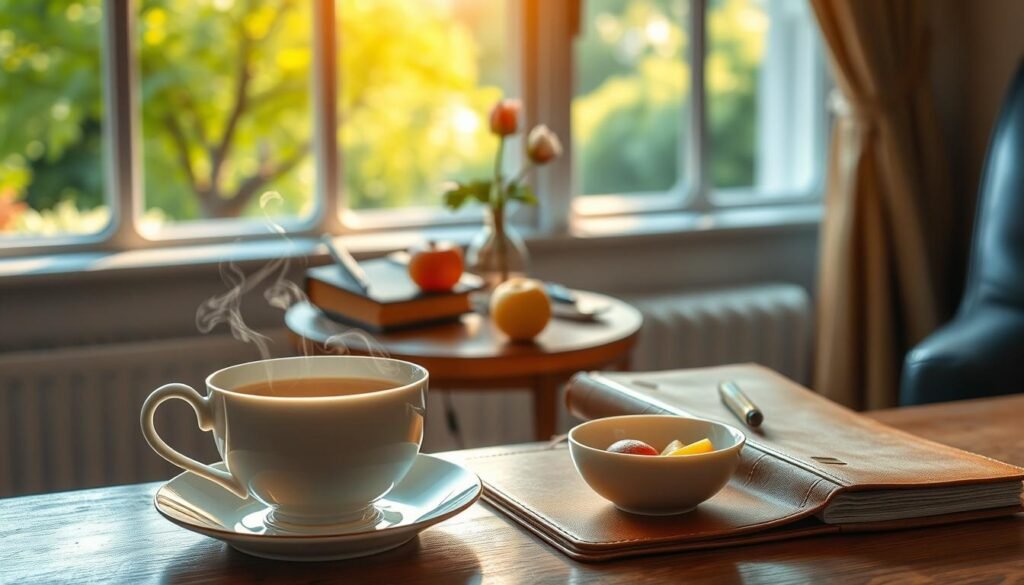 A cozy morning ritual unfolding in a serene, sun-dappled room. In the foreground, a delicate porcelain teacup filled with steaming herbal tea, accompanied by a small bowl of fresh fruit. In the middle ground, a wooden side table holds a leather-bound journal, a pen, and a small vase with a single blooming flower. The background reveals a large window overlooking a lush, verdant garden, bathed in the soft, warm glow of early morning light. The overall atmosphere is one of tranquility, mindfulness, and a gentle embrace of the day ahead. A cozy morning ritual unfolding in a serene, sun-dappled room. In the foreground, a delicate porcelain teacup filled with steaming herbal tea, accompanied by a small bowl of fresh fruit. In the middle ground, a wooden side table holds a leather-bound journal, a pen, and a small vase with a single blooming flower. The background reveals a large window overlooking a lush, verdant garden, bathed in the soft, warm glow of early morning light. The overall atmosphere is one of tranquility, mindfulness, and a gentle embrace of the day ahead.