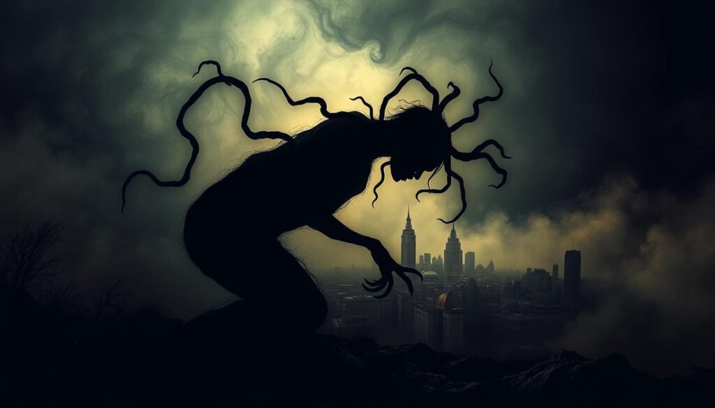 A dark, foreboding landscape captures the essence of anxiety. In the foreground, a writhing, shadowy figure represents the visceral experience of anxiety, its tendrils reaching out to envelop the viewer. The middle ground features a distorted, fragmented cityscape, reflecting the sense of disorientation and lack of control often associated with anxiety. The background is shrouded in an ominous, swirling mist, creating an atmosphere of unease and uncertainty. The lighting is low and dramatic, with stark contrasts between light and dark, emphasizing the intensity and weight of the anxiety depicted. The overall composition conveys a sense of vulnerability, tension, and the overwhelming nature of this mental and emotional state.