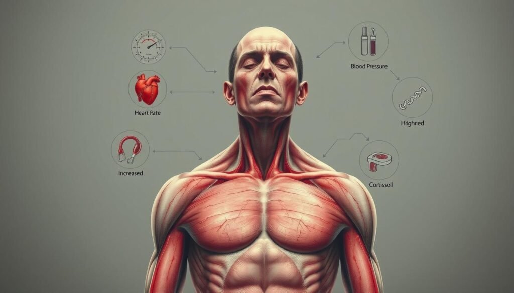 A detailed anatomical illustration depicting the physical effects of stress on the human body. In the foreground, a life-size figure is shown, its muscles tensed, veins prominently visible, and skin flushed with a red hue. The figure's facial expression conveys a sense of strain and discomfort. In the middle ground, various physiological processes are illustrated, such as increased heart rate, elevated blood pressure, and heightened cortisol levels. The background features a muted, monochromatic color scheme, creating a sense of unease and tension. The image is rendered with a realistic, scientific style, using a combination of detailed line work and subtle shading to emphasize the physical manifestations of stress. A detailed anatomical illustration depicting the physical effects of stress on the human body. In the foreground, a life-size figure is shown, its muscles tensed, veins prominently visible, and skin flushed with a red hue. The figure's facial expression conveys a sense of strain and discomfort. In the middle ground, various physiological processes are illustrated, such as increased heart rate, elevated blood pressure, and heightened cortisol levels. The background features a muted, monochromatic color scheme, creating a sense of unease and tension. The image is rendered with a realistic, scientific style, using a combination of detailed line work and subtle shading to emphasize the physical manifestations of stress.