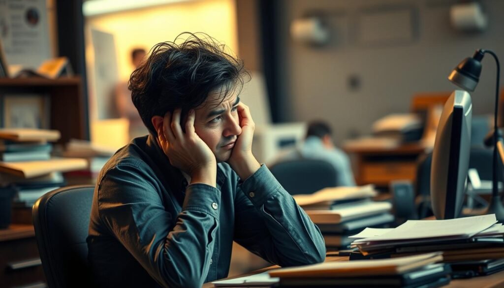 A distracted person sitting at a cluttered desk, with a worried expression on their face. The background is blurred, hinting at a busy office environment. Soft, warm lighting casts a sense of unease, while the figure's posture and fidgeting hands convey a lack of focus. The overall scene captures the mental strain and difficulty concentrating caused by overwhelming stress. A distracted person sitting at a cluttered desk, with a worried expression on their face. The background is blurred, hinting at a busy office environment. Soft, warm lighting casts a sense of unease, while the figure's posture and fidgeting hands convey a lack of focus. The overall scene captures the mental strain and difficulty concentrating caused by overwhelming stress.