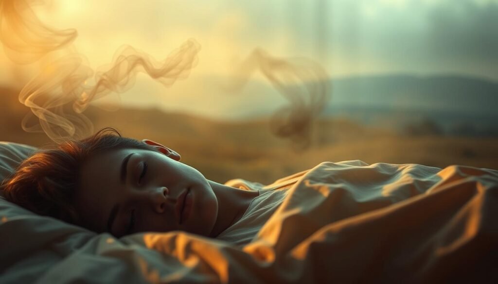 A dreamlike scene of restful slumber and anxious tension. In the foreground, a person rests peacefully, their face serene and tranquil. Swirling wisps of vapor, representing the subconscious, surround them. In the middle ground, subtle shadows and muted hues suggest an underlying unease, with subtle distortions hinting at the turmoil of the mind. The background is a soft, muted landscape, blurred and indistinct, conveying the sense of the real world fading away as the person drifts into the realm of dreams. Warm, golden lighting casts a gentle glow, creating a sense of comfort and warmth, even as the shadows hint at the complexity of the human psyche. The overall mood is one of the delicate balance between rest and anxiety, the essential interplay of sleep and the mind.