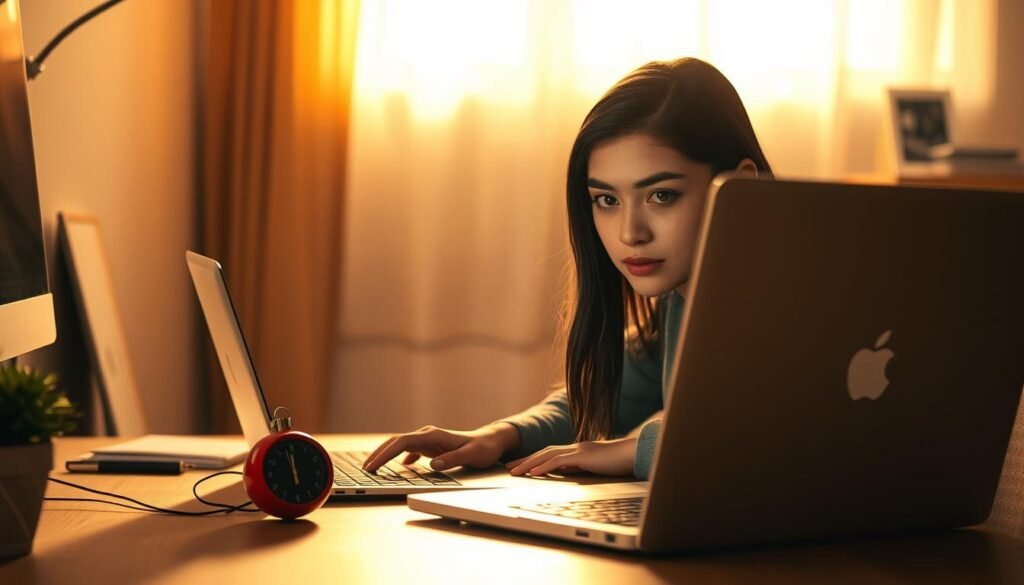 A focused young woman sitting at a desk, intently working on a laptop. The room is bathed in warm, golden lighting, creating a sense of calm and concentration. On the desk, a single red tomato-shaped timer ticks away, symbolizing the Pomodoro technique. The woman's expression is one of control and focus, as she navigates the challenges of anxiety through the structured approach of the Pomodoro method. The background is softly blurred, with hints of a minimalist, organized workspace, emphasizing the importance of the technique in her life. The overall scene conveys the harmony between productivity and mental well-being.