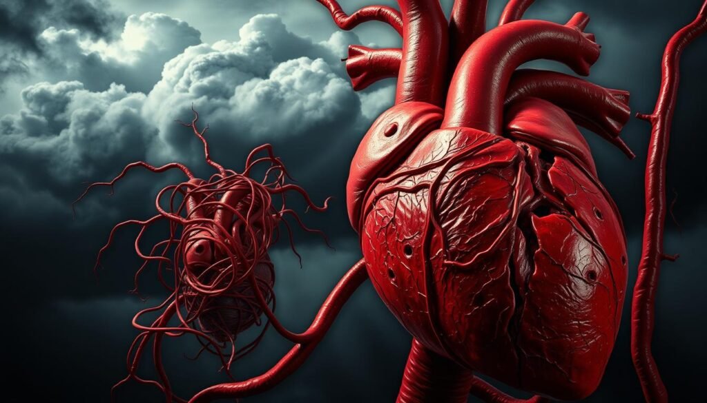 A high-contrast, dramatic scene depicting the physiological impacts of chronic stress on the cardiovascular system. In the foreground, a detailed anatomical illustration of an enlarged, strained human heart, its chambers and valves under immense pressure. The middle ground features a tangle of blood vessels, constricted and inflamed, impeding blood flow. In the atmospheric background, ominous storm clouds loom, symbolizing the gathering cardiovascular storm. The lighting is harsh, casting deep shadows and highlighting the tension in the scene. The overall mood is one of visceral distress, a stark visual metaphor for the debilitating effects of unmanaged stress on physical health.