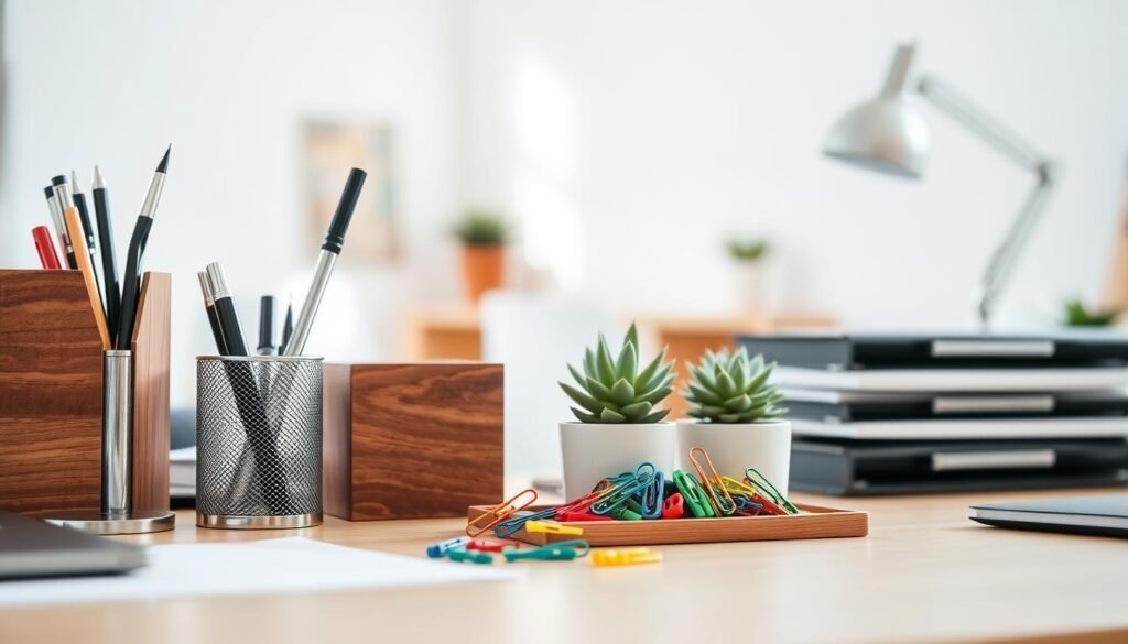 A neatly organized office desktop with various organizational tools in the foreground, including a wooden desk organizer, a sleek silver pen holder, and a stack of colorful binder clips. In the middle ground, a few potted succulents and a minimalist desk lamp create a serene, productivity-enhancing atmosphere. The background features a clean, light-filled room with crisp white walls and warm wooden accents, conveying a sense of tranquility and focus. Soft, natural lighting illuminates the scene, creating a calming, well-curated aesthetic that inspires mental clarity and a sense of order.