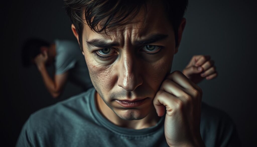 A portrait capturing the physical symptoms of hidden stress. In the foreground, a person's face appears weary, with dark circles under their eyes and a furrowed brow, conveying a sense of mental exhaustion. The middle ground depicts the person's body language, hunched over and tense, as if carrying an invisible weight. In the background, subtle physical cues emerge, such as clenched fists, tense shoulders, and a slight tremor in the hands, all indicating the silent, internal struggle with stress. The lighting is soft and muted, creating a subdued, introspective atmosphere that reflects the hidden nature of the stress. The overall composition draws the viewer's attention to the subtle, yet powerful, physical manifestations of the subject's inner turmoil. A portrait capturing the physical symptoms of hidden stress. In the foreground, a person's face appears weary, with dark circles under their eyes and a furrowed brow, conveying a sense of mental exhaustion. The middle ground depicts the person's body language, hunched over and tense, as if carrying an invisible weight. In the background, subtle physical cues emerge, such as clenched fists, tense shoulders, and a slight tremor in the hands, all indicating the silent, internal struggle with stress. The lighting is soft and muted, creating a subdued, introspective atmosphere that reflects the hidden nature of the stress. The overall composition draws the viewer's attention to the subtle, yet powerful, physical manifestations of the subject's inner turmoil.