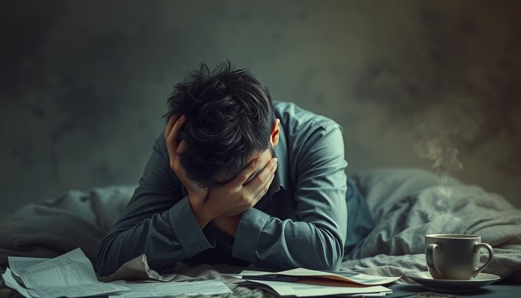 A restless figure, shoulders slumped, head in hands, exuding a palpable sense of exhaustion and mental strain. The background is hazy, with muted colors and soft, diffused lighting, creating an atmosphere of inner turmoil and a lack of reprieve. Subtle details, such as crumpled papers and a steaming cup of coffee, suggest the relentless demands of the waking world encroaching upon the subject's much-needed rest. The overall composition conveys the struggle to find solace and rejuvenation amidst the overwhelming pressures of stress and the elusive nature of peaceful sleep.