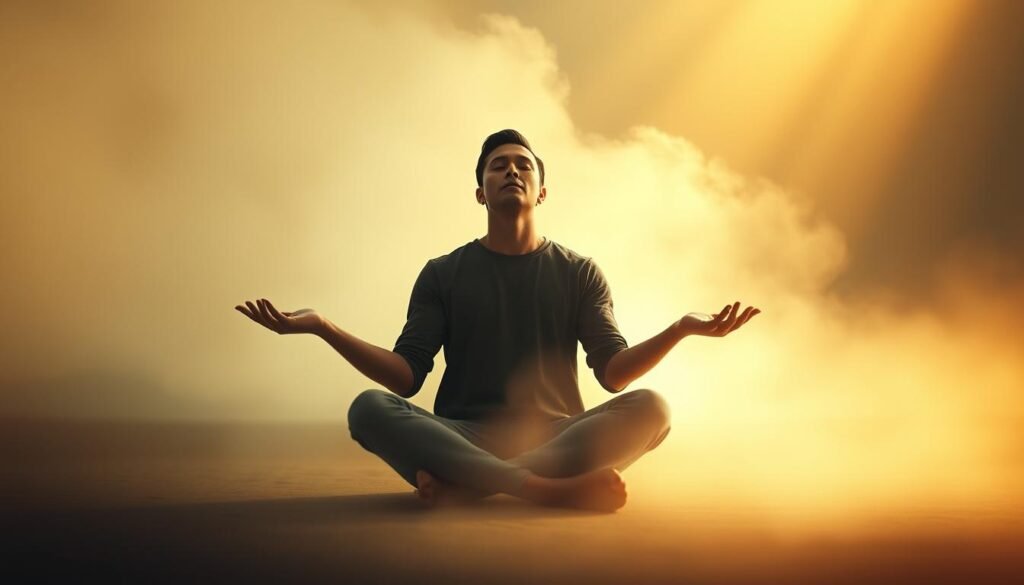 A serene and introspective scene depicting the interplay between empathy and personal boundaries. In the foreground, a person sits cross-legged, eyes closed, their face radiating a sense of contemplation and inner peace. Surrounding them, a soft, hazy atmosphere evokes a meditative state, with subtle shafts of warm, golden light filtering through. In the middle ground, a delicate balance of open-handed gesture and subtle body language conveys a spirit of compassion and understanding. The background is a minimalist, muted landscape, emphasizing the focus on the central figure's emotional and psychological experience. The overall tone is one of thoughtful self-awareness, gently guiding the viewer to consider the role of empathy in establishing personal boundaries.