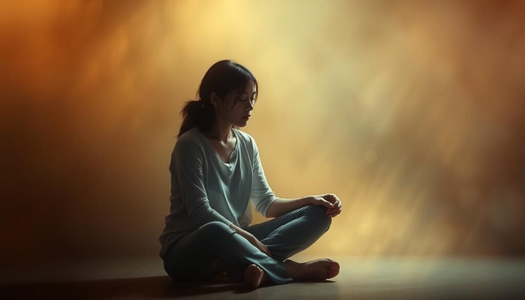 A serene, contemplative scene of a person deeply focused, their gaze inward, as they reenfocar, or refocus, their thoughts. The figure sits cross-legged, face softened in quiet introspection, surrounded by a warm, diffused light that bathes the scene in a sense of tranquility. The background is subtly blurred, drawing the viewer's attention to the central subject, who embodies the idea of breaking free from the "should" mindset and finding clarity within. The lighting is gentle, almost ethereal, creating an atmosphere of calm and clarity, reflecting the journey of overcoming the "Debería Syndrome". The composition is balanced and harmonious, guiding the eye to the reflective, serene moment at the heart of the image.
