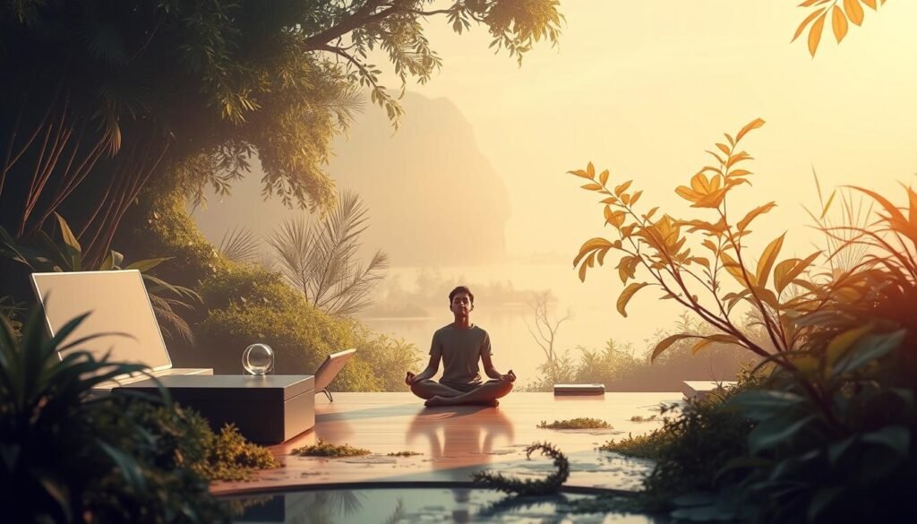 A serene digital landscape, a screen-free oasis amid the tech-filled world. Lush foliage and natural elements intertwine with sleek, minimalist devices, symbolizing a harmonious balance. Soft, natural lighting bathes the scene, creating a calming, introspective atmosphere. In the foreground, a solitary figure sits cross-legged, eyes closed, disconnected from the digital realm, embracing a moment of mindful contemplation. Ethereal, muted tones and a sense of tranquility convey the need to unplug, recharge, and reconnect with one's inner self.