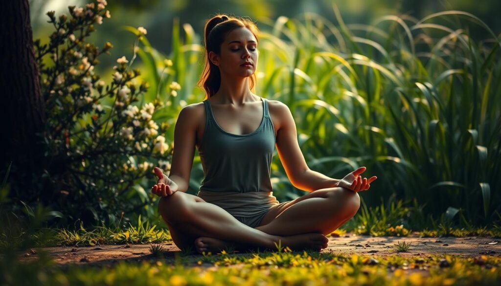 A serene figure sitting cross-legged, eyes closed, hands resting on lap, surrounded by a tranquil natural environment. Soft, diffused lighting illuminates the scene, creating a contemplative and peaceful atmosphere. Lush, verdant foliage in the background, with delicate flowers and swaying grass. The camera angle is slightly elevated, capturing the meditative pose in a calming, introspective composition. Warm, earthy tones predominate, evoking a sense of grounding and inner harmony. The overall image conveys a sense of mindfulness, introspection, and the restorative power of guided meditation. A serene figure sitting cross-legged, eyes closed, hands resting on lap, surrounded by a tranquil natural environment. Soft, diffused lighting illuminates the scene, creating a contemplative and peaceful atmosphere. Lush, verdant foliage in the background, with delicate flowers and swaying grass. The camera angle is slightly elevated, capturing the meditative pose in a calming, introspective composition. Warm, earthy tones predominate, evoking a sense of grounding and inner harmony. The overall image conveys a sense of mindfulness, introspection, and the restorative power of guided meditation.