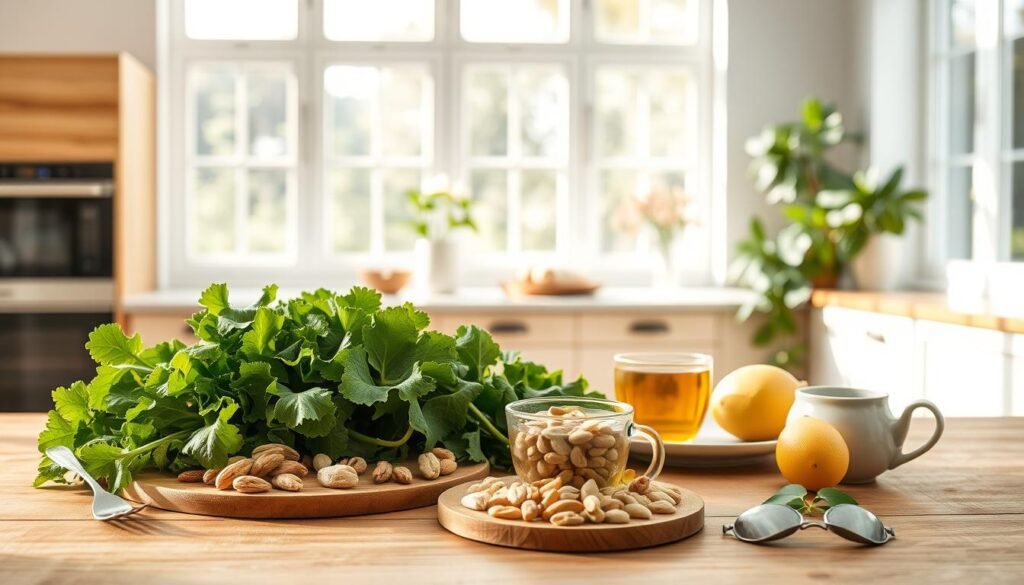 A serene kitchen scene showcasing a balanced diet for stress reduction. In the foreground, a wooden table displays an assortment of anti-stress superfoods - vibrant leafy greens, crunchy nuts, soothing herbal teas, and a plate of fresh fruit. The middle ground features a minimalist kitchen with natural light streaming through large windows, creating a calming atmosphere. In the background, a lush indoor plant and a small vase of flowers add touches of nature, reinforcing the theme of nourishment and well-being. The lighting is soft and diffused, with a warm color palette that evokes a sense of comfort and relaxation. The overall composition emphasizes the harmony between wholesome ingredients and a peaceful, mindful environment.