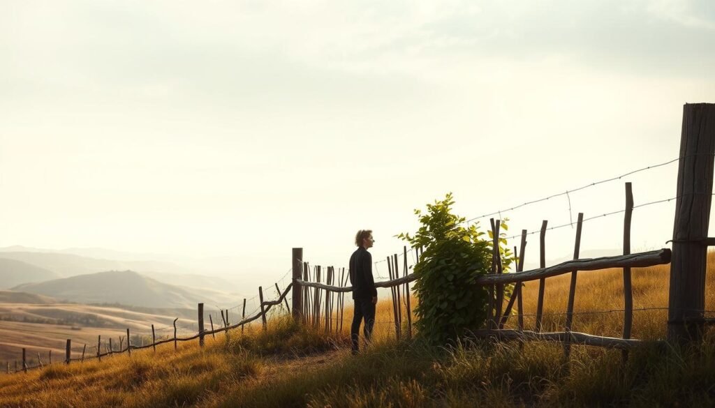 A serene landscape where the boundary between the self and the surrounding world is represented by a weathered wooden fence, partially overgrown with lush vegetation. In the foreground, a figure stands contemplatively, their gaze directed inwards, symbolizing the connection between personal limits and self-esteem. Soft, diffused lighting casts a warm, introspective glow, creating an atmosphere of introspection and self-reflection. The background blends rolling hills and a vast, open sky, suggesting the expansive nature of one's inner world. The composition guides the viewer's eye towards the central figure, inviting them to consider the delicate balance between personal boundaries and a healthy sense of self-worth.