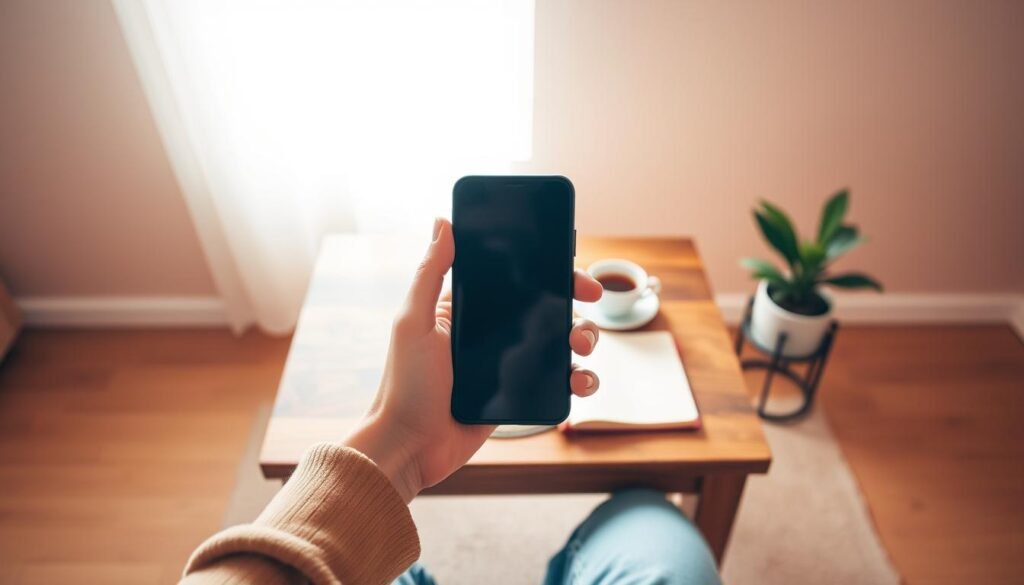 A serene, minimalist digital detox scene. In the foreground, a woman's hands hold a smartphone with the screen blurred, symbolizing digital disengagement. The middle ground features a wooden table with a cup of tea, a journal, and a potted plant, conveying a sense of mindfulness and presence. The background is a simple, warm-toned room with natural light streaming through a window, creating a calming ambiance. The composition is balanced, with the woman's hands and the table creating a visually harmonious flow. The overall mood is one of tranquility, reflection, and a digital-free respite.