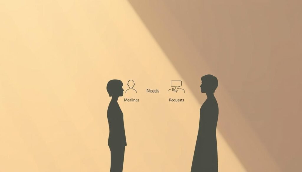 A serene, minimalist illustration depicting the core techniques of Nonviolent Communication (NVC). In the foreground, two figures face each other, engaged in an open and compassionate dialogue, their body language exuding understanding. The middle ground showcases simplified iconography representing the key NVC principles: observation, feelings, needs, and requests. The background features a muted, earthy color palette, creating a calming, contemplative atmosphere. Diffuse natural lighting casts a warm, introspective glow, inviting the viewer to reflect on the power of conscious, empathetic communication. The overall composition conveys the essence of NVC - a path towards resolving conflicts and fostering deeper human connection.
