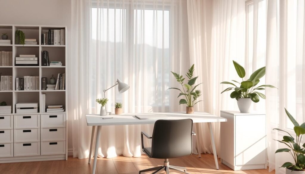 A serene, minimalist workspace with clean lines and a harmonious color palette. Soft natural lighting filters through sheer curtains, casting a warm glow on the neatly organized desk, bookshelves, and plants. A sense of tranquility and focus emanates from the scene, conveying the mental clarity and calmness achieved through a well-ordered physical environment. The composition is balanced, with the foreground elements guiding the viewer's eye towards the central workspace, while the background fades into a soothing, muted tone. An atmosphere of peace and productivity, reflecting the strategies for creating an ordered space to reduce mental chaos.
