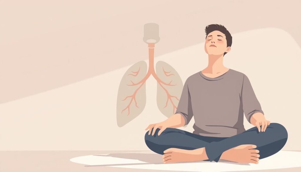 A serene, minimalistic illustration depicting a person practicing calming breathing techniques to alleviate anxiety. The foreground shows the person's hands resting comfortably on their lap, their eyes closed, and their expression conveying a sense of tranquility. The middle ground showcases a simplified, abstract representation of the human respiratory system, with flowing, organic shapes symbolizing the inhalation and exhalation of breath. The background features a soft, muted color palette, creating a calming and introspective atmosphere. The lighting is gentle and diffused, highlighting the subject's peaceful demeanor. The overall composition aims to visually communicate the restorative power of breath control in managing anxiety. A serene, minimalistic illustration depicting a person practicing calming breathing techniques to alleviate anxiety. The foreground shows the person's hands resting comfortably on their lap, their eyes closed, and their expression conveying a sense of tranquility. The middle ground showcases a simplified, abstract representation of the human respiratory system, with flowing, organic shapes symbolizing the inhalation and exhalation of breath. The background features a soft, muted color palette, creating a calming and introspective atmosphere. The lighting is gentle and diffused, highlighting the subject's peaceful demeanor. The overall composition aims to visually communicate the restorative power of breath control in managing anxiety.