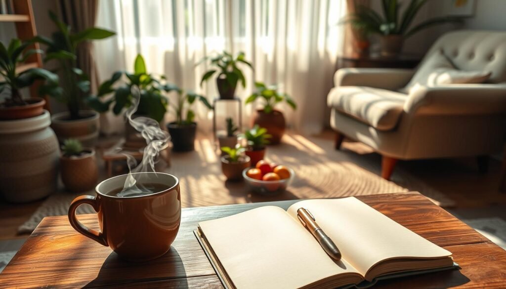 A serene morning ritual unfolding in a sun-dappled, cozy space. In the foreground, a wooden table holds a steaming mug of herbal tea, a small bowl of fresh fruit, and a journal with a calligraphy pen resting on its open pages. Surrounding this intimate setup, a middle ground of potted plants, a woven rug, and a plush armchair invites a sense of grounding and tranquility. In the background, soft natural light filters through sheer curtains, casting a warm, soothing glow over the entire scene. The overall atmosphere evokes a feeling of mindfulness, self-care, and a gentle start to the day, free from the stresses to come. A serene morning ritual unfolding in a sun-dappled, cozy space. In the foreground, a wooden table holds a steaming mug of herbal tea, a small bowl of fresh fruit, and a journal with a calligraphy pen resting on its open pages. Surrounding this intimate setup, a middle ground of potted plants, a woven rug, and a plush armchair invites a sense of grounding and tranquility. In the background, soft natural light filters through sheer curtains, casting a warm, soothing glow over the entire scene. The overall atmosphere evokes a feeling of mindfulness, self-care, and a gentle start to the day, free from the stresses to come.