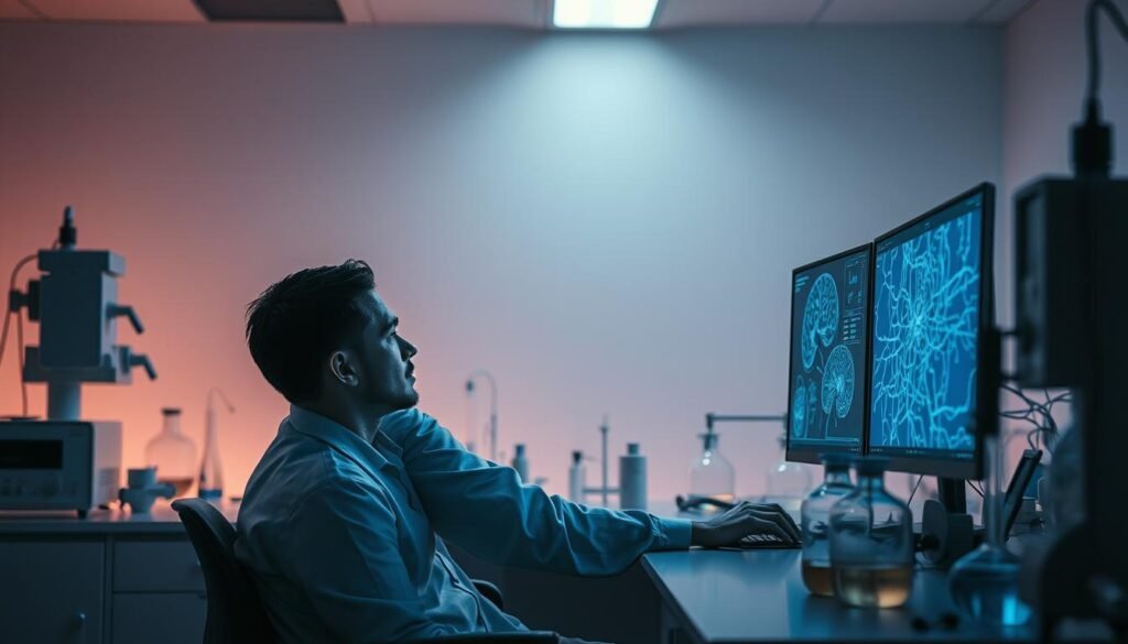 A serene neuroscience laboratory with sleek scientific equipment and a sole researcher deeply immersed in their work. Soft, diffused lighting illuminates the scene, casting a contemplative atmosphere. In the foreground, a scientist sits intently before a state-of-the-art computer monitor, their gaze fixed on the intricate neural pathways displayed in vivid detail. Surrounding them, high-tech instruments and glassware suggest the pursuit of groundbreaking discoveries. The background is bathed in a muted palette, focusing the viewer's attention on the solitary figure's laser-like focus, embodying the essence of monotasking and the power of the mind's unwavering concentration. A serene neuroscience laboratory with sleek scientific equipment and a sole researcher deeply immersed in their work. Soft, diffused lighting illuminates the scene, casting a contemplative atmosphere. In the foreground, a scientist sits intently before a state-of-the-art computer monitor, their gaze fixed on the intricate neural pathways displayed in vivid detail. Surrounding them, high-tech instruments and glassware suggest the pursuit of groundbreaking discoveries. The background is bathed in a muted palette, focusing the viewer's attention on the solitary figure's laser-like focus, embodying the essence of monotasking and the power of the mind's unwavering concentration.