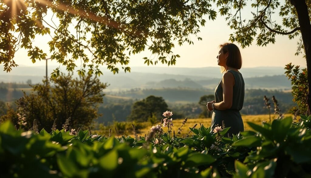 A serene outdoor scene, with a lush, verdant garden in the foreground. In the middle ground, two people engage in a thoughtful, face-to-face conversation, their body language open and attentive. The background features a tranquil, sun-dappled landscape, with rolling hills and a distant horizon. The lighting is soft and warm, creating a calming, introspective atmosphere. The composition is balanced, with the figures and the natural setting working in harmony to convey the benefits of nonviolent communication - understanding, empathy, and the resolution of conflict through open and respectful dialogue.