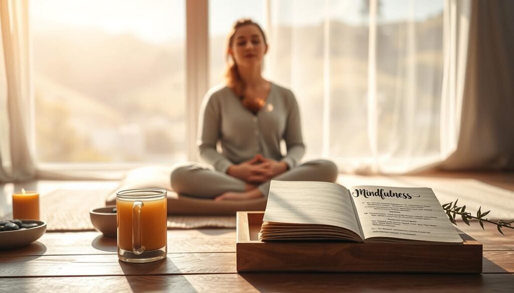 A serene, sunlit meditation space with a peaceful, mindful atmosphere. In the foreground, a person sits cross-legged on a plush cushion, eyes closed in deep contemplation. Surrounding them, an array of self-care items - a burning candle, a bowl of river stones, a sprig of fresh greenery. In the middle ground, a simple wooden table holds a steaming mug of herbal tea and a journal with a calligraphic "Mindfulness" title. The background features a softly blurred, natural landscape - perhaps a tranquil garden or a view of rolling hills. Gentle, diffused lighting permeates the scene, creating a sense of calm and introspection.