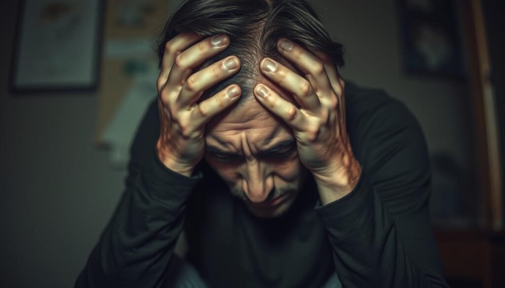 A stressed individual, hunched over, clutching their head in anguish, their expression wracked with worry. The background is a blur of muted colors, with a sense of confinement and claustrophobia, conveying the overwhelming nature of the anxiety. Soft, warm lighting casts shadows, creating a somber, introspective atmosphere. The lens is slightly wide-angled, drawing the viewer in and heightening the sense of emotional intensity. The overall composition evokes the debilitating effects of the "Should" mentality on mental health, capturing the struggle to find balance and peace amidst the relentless pressure of societal expectations.