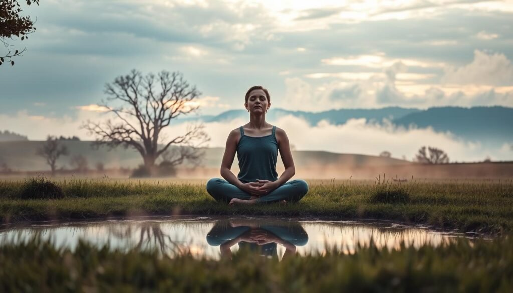 A tranquil meadow at dawn, with wispy fog lingering over a serene pond. In the foreground, a person sits cross-legged, eyes closed, palms resting gently on their lap, embodying complete mindfulness and inner calm. Soft, warm light filters through the trees, casting a soothing glow on the peaceful scene. The background features rolling hills and a clouded sky, radiating a sense of expansiveness and perspective. The entire composition evokes a deep state of relaxation, inviting the viewer to breathe deeply and find respite from anxiety. A tranquil meadow at dawn, with wispy fog lingering over a serene pond. In the foreground, a person sits cross-legged, eyes closed, palms resting gently on their lap, embodying complete mindfulness and inner calm. Soft, warm light filters through the trees, casting a soothing glow on the peaceful scene. The background features rolling hills and a clouded sky, radiating a sense of expansiveness and perspective. The entire composition evokes a deep state of relaxation, inviting the viewer to breathe deeply and find respite from anxiety.