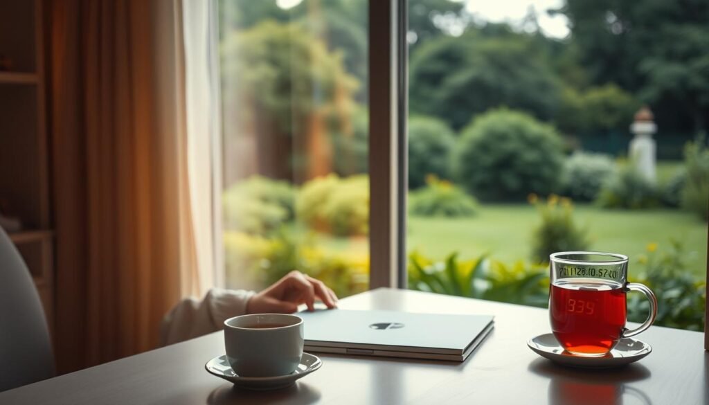 A tranquil workspace with a Pomodoro timer, a cup of tea, and a serene view of a lush garden. The warm lighting casts a gentle glow, creating a calming atmosphere. In the foreground, a person sits at a minimalist desk, focused on their task, their expression serene and composed. The Pomodoro timer ticks away, a visual representation of the technique's ability to alleviate anxiety by breaking down work into manageable intervals. The background features a verdant landscape, symbolizing the rejuvenation and clarity that the Pomodoro method can bring to the anxious mind.