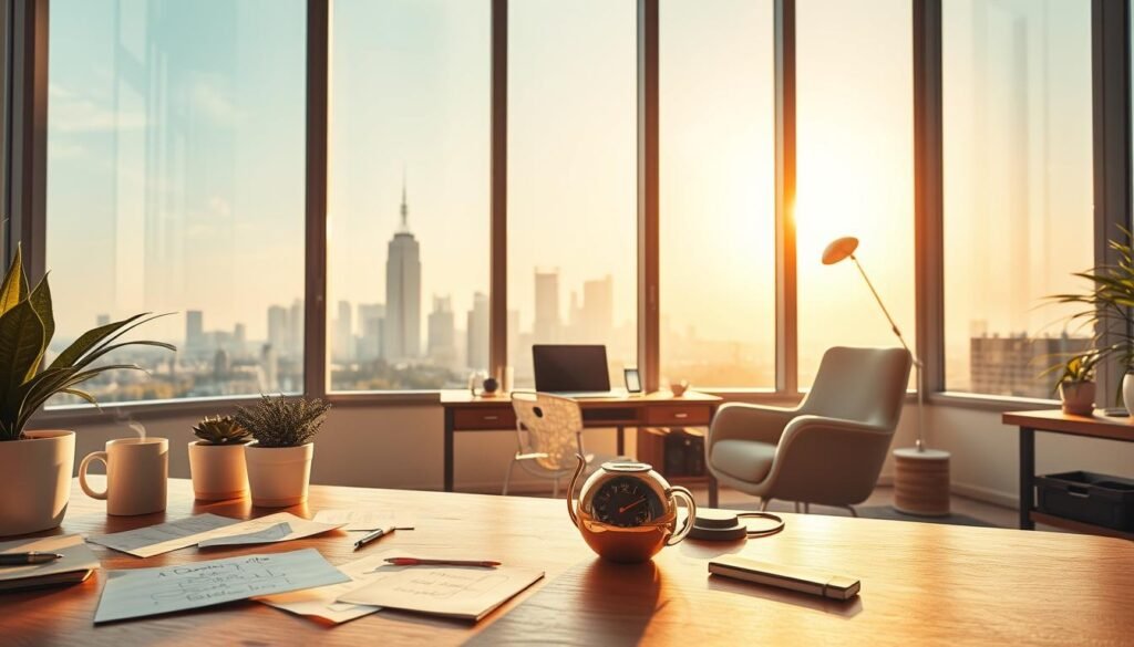 A vibrant and peaceful workspace, bathed in warm natural light streaming through large windows. In the foreground, a serene workspace with a Pomodoro timer ticking away, surrounded by scattered notes, a steaming mug, and a potted plant. The middle ground features a neatly organized desk with a laptop, a pair of headphones, and a cozy armchair, inviting deep focus and contemplation. The background depicts a serene cityscape, with skyscrapers and lush greenery visible through the windows, conveying a sense of balance and mindfulness. The overall atmosphere is one of tranquility, productivity, and the benefits of the Pomodoro technique for managing anxiety and enhancing concentration. A vibrant and peaceful workspace, bathed in warm natural light streaming through large windows. In the foreground, a serene workspace with a Pomodoro timer ticking away, surrounded by scattered notes, a steaming mug, and a potted plant. The middle ground features a neatly organized desk with a laptop, a pair of headphones, and a cozy armchair, inviting deep focus and contemplation. The background depicts a serene cityscape, with skyscrapers and lush greenery visible through the windows, conveying a sense of balance and mindfulness. The overall atmosphere is one of tranquility, productivity, and the benefits of the Pomodoro technique for managing anxiety and enhancing concentration.