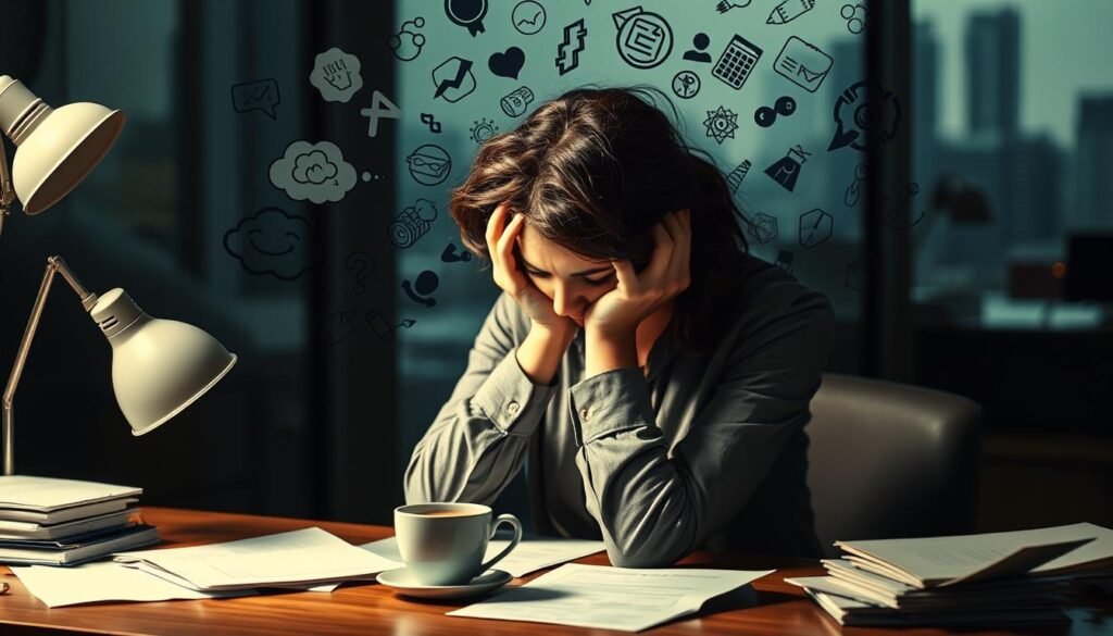 A woman sitting at a desk, her head in her hands, with a swirling vortex of stressful thoughts and emotions surrounding her. The lighting is soft and moody, casting shadows that emphasize her sense of burden and overwhelm. The desk is cluttered with papers, a cup of coffee, and a phone, representing the daily demands and pressures she faces. In the background, a blurred cityscape or office environment symbolizes the broader societal and workplace contexts that contribute to her stress. The composition and color palette convey a sense of tension, anxiety, and the unique challenges women face in managing stress from a gender perspective. A woman sitting at a desk, her head in her hands, with a swirling vortex of stressful thoughts and emotions surrounding her. The lighting is soft and moody, casting shadows that emphasize her sense of burden and overwhelm. The desk is cluttered with papers, a cup of coffee, and a phone, representing the daily demands and pressures she faces. In the background, a blurred cityscape or office environment symbolizes the broader societal and workplace contexts that contribute to her stress. The composition and color palette convey a sense of tension, anxiety, and the unique challenges women face in managing stress from a gender perspective.