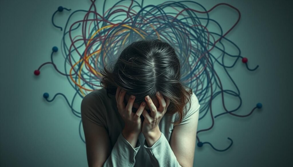 A woman's figure, head in hands, shoulders hunched, conveying the emotional burden of stress. Behind her, a swirling vortex of tangled thoughts, color-coded to represent the gendered societal pressures she navigates. Soft, diffused lighting casts shadows that emphasize her isolation. The scene is captured through a lens with a shallow depth of field, focusing the viewer's attention on the central figure's pained expression. An overall tone of melancholy and introspection permeates the image, inviting the observer to empathize with the gendered experience of stress.