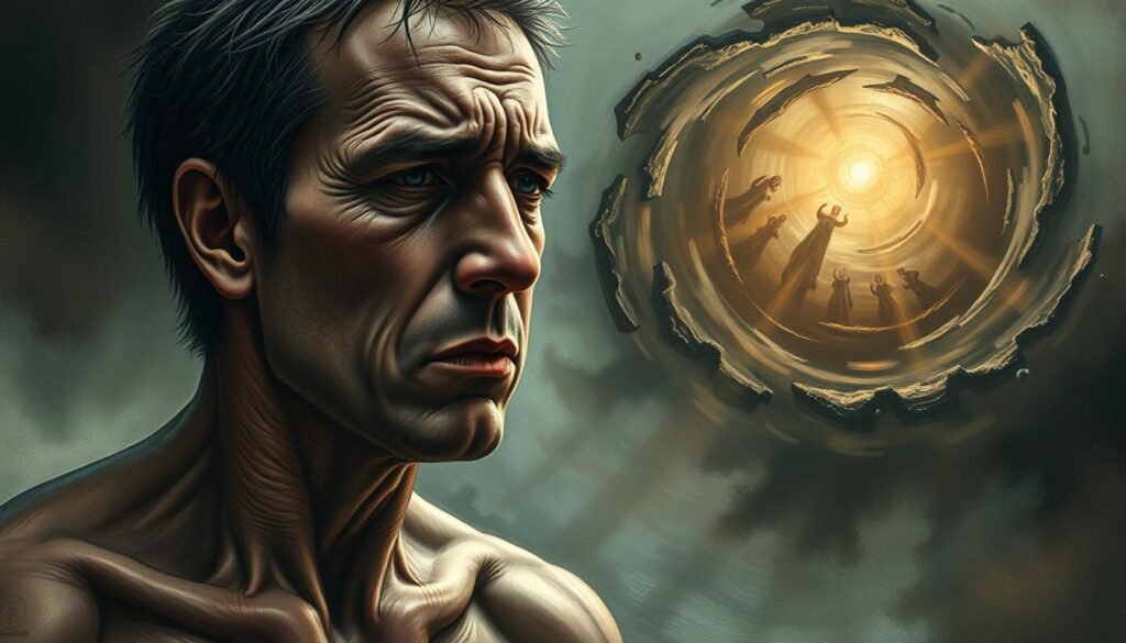 Detailed portrait of physical symptoms of stress, featuring a human figure in the foreground experiencing various bodily reactions. Flushed skin, tense muscles, rapid breathing, and a pained expression communicate the distress. The middle ground depicts a swirling, uneasy atmosphere with unsettling energy, while the background is hazy and dreamlike, suggesting the psychological turmoil. Dramatic chiaroscuro lighting, with deep shadows and highlights, enhances the sense of tension and discomfort. Rendered in a semi-realistic, emotive style that captures the visceral nature of stress's physical manifestations.