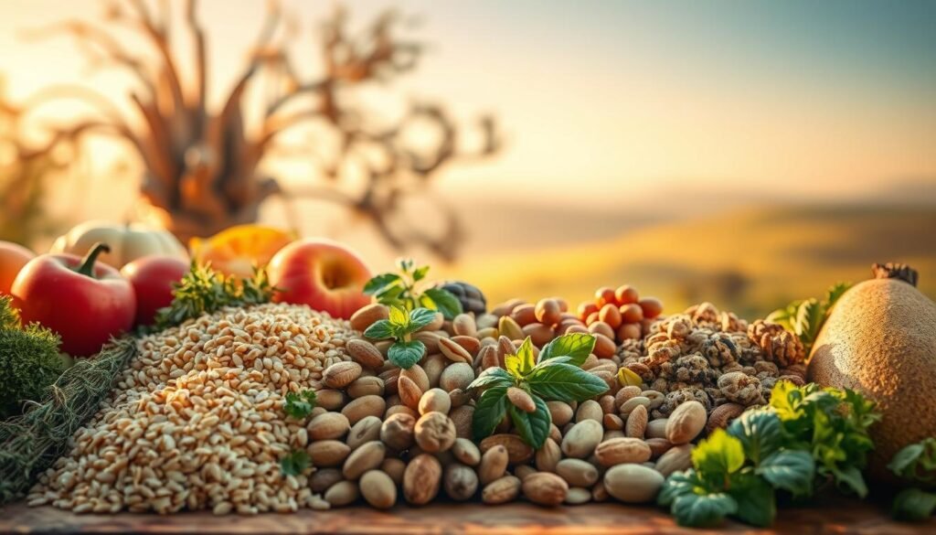 Peaceful and nourishing array of stress-relieving foods, bathed in warm, diffused lighting. In the foreground, a selection of whole grains, fresh fruits, and aromatic herbs arranged in a harmonious composition. The middle ground features a variety of nuts, seeds, and leafy greens, exuding a sense of natural vitality. In the background, a serene, blurred landscape with rolling hills and a calming sky, creating an atmosphere of tranquility. The image should convey a sense of balance, serenity, and the restorative power of wholesome, stress-relieving foods.