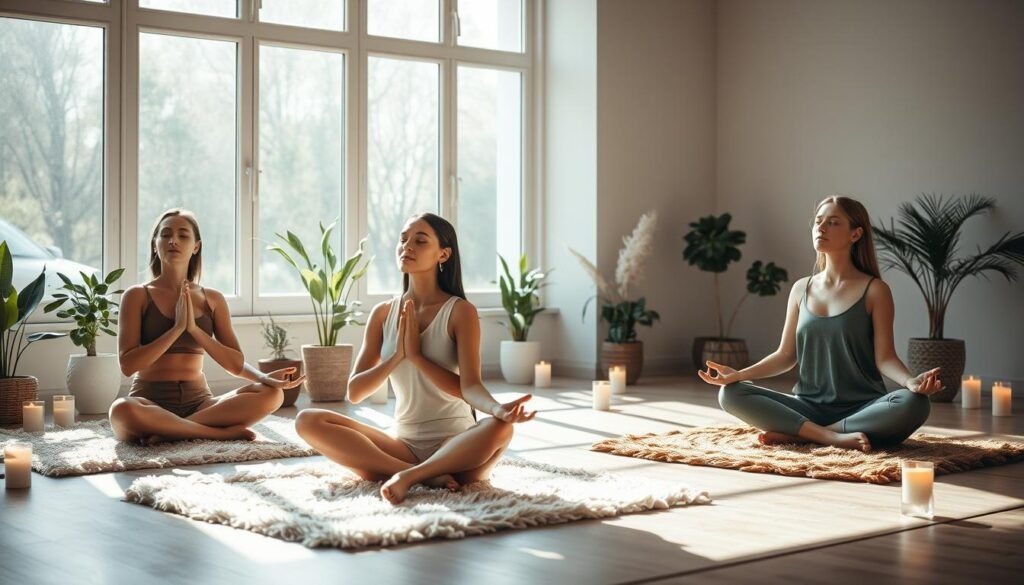 Peaceful women in serene meditation, seated cross-legged on plush rugs, palms upturned, eyes closed, faces relaxed. Soft natural lighting filters through large windows, casting a warm glow. Potted plants and candles scattered throughout, creating a tranquil ambiance. The women's postures reflect a sense of calm and mindfulness, their bodies in harmony. Minimal, earthy tones dominate the scene, evoking a soothing, introspective atmosphere. The image captures the essence of stress-relieving meditation as a pathway to inner peace.